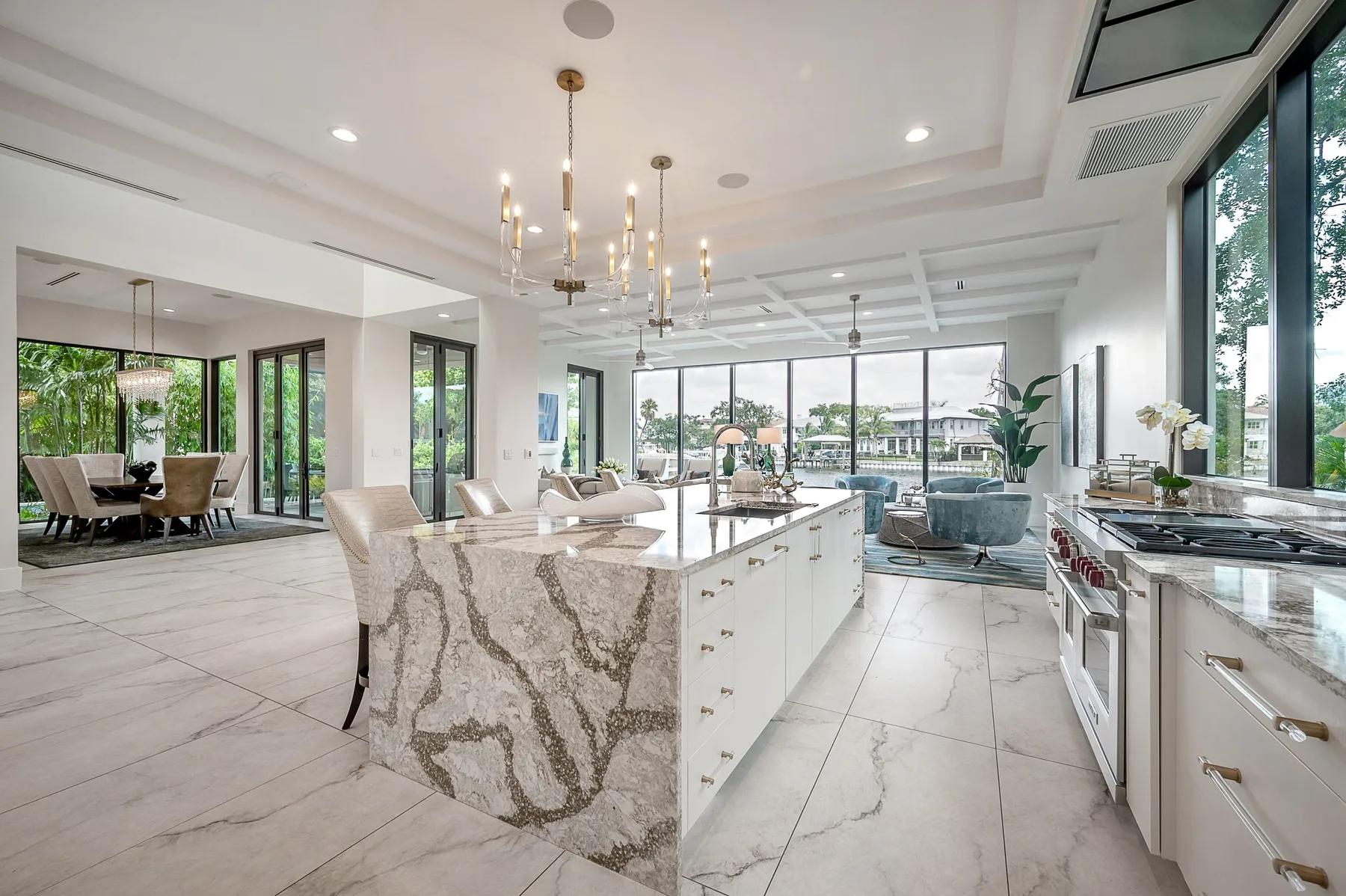 Waterfront residence great room with custom furnishings, Tampa Bay interior design